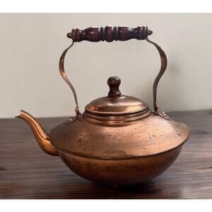 Vintage Retro Copper Tea Kettle Tin Lined Wood Handle Farmhouse Cottage